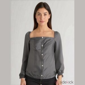 Chaser Charcoal Grey Square Neck Button Up Silky Cropped Blouse Size Small NWOT